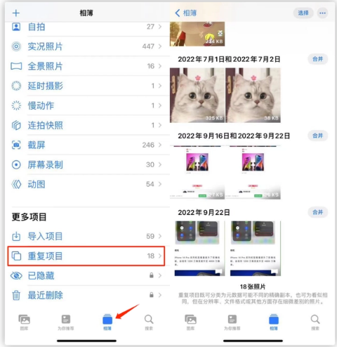 灵宝苹果手机维修分享iOS 16 中相册重复项目功能使用方法 